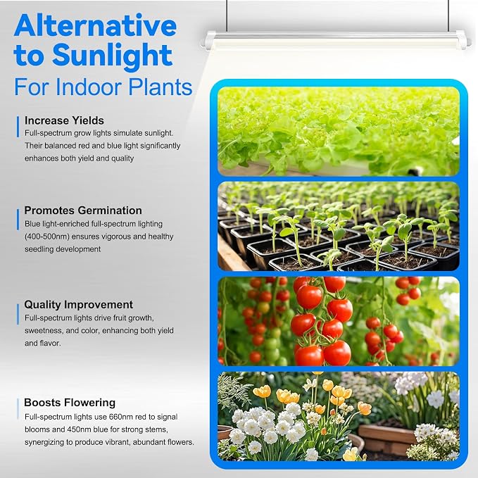 JESLED Waterproof Grow Lights for Indoor Plants, 4FT Full Spectrum 5000K LED for Seed Starting, Seedling & Veg, 288W(6 X 48W,1800W Equiv), Linkable Sunlight Grow Light Strip, Plug and Play,6-Pack