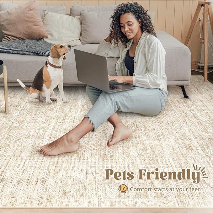 Washable Area Rug 5x7: Moroccan Rug for Living Room Geometric Boho Rug Farmhouse Non Slip Stain Resistant Rugs Low Pile Soft Carpet for Bedroom Dining Room Home Office Children Room (Beige,5'x7')