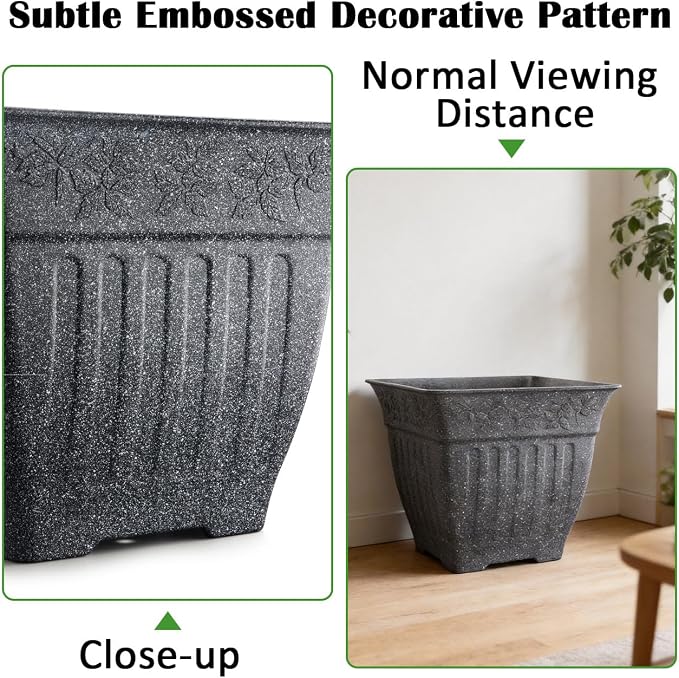 18" Large Square Planter for Plants - 4 Pack Imitation Cement Plastic Flower Pots with Drainage Holes & 2cm Raised Base, 14 Gal Decorative Stone Like Garden Pot, Retro Plant Container (15" Tall)