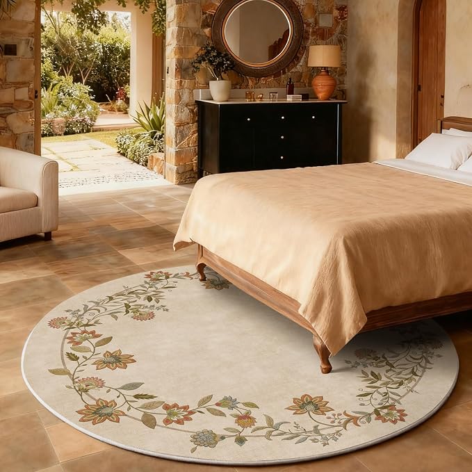 Washable Bedroom Round Rug 4ft: Living Room Rug Stain Resistant Non Slip Low Pile Ultra Soft Faux Wool Circle Area Rugs for Bedroom Kitchen Entryway Kids Room Bathroom Entrance Nursery Dorm Office