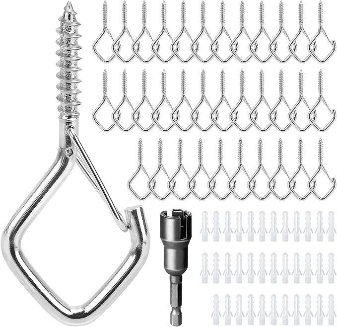 35 PCS 304 Stainless Steel Screw Hooks Kit, Ceiling Hooks for Hanging Plants, String Lights and Wind Chimes, Screw In Hooks with Locking Clip, Outdoor Hanging Hooks with Anchors and Driver Tool