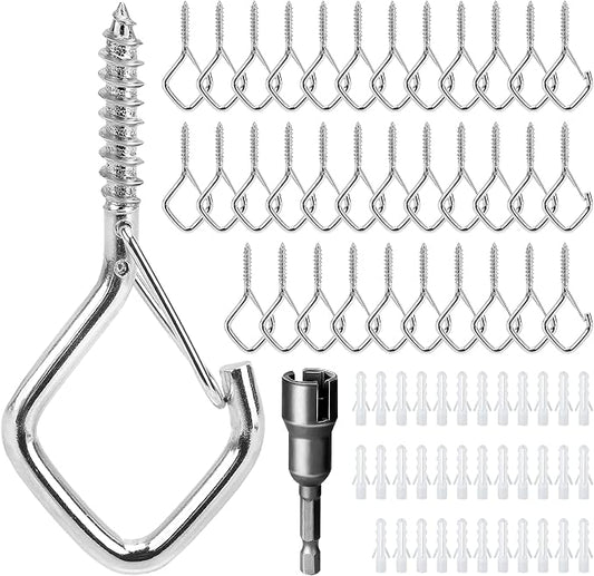 35 PCS 304 Stainless Steel Screw Hooks Kit, Ceiling Hooks for Hanging Plants, String Lights and Wind Chimes, Screw In Hooks with Locking Clip, Outdoor Hanging Hooks with Anchors and Driver Tool