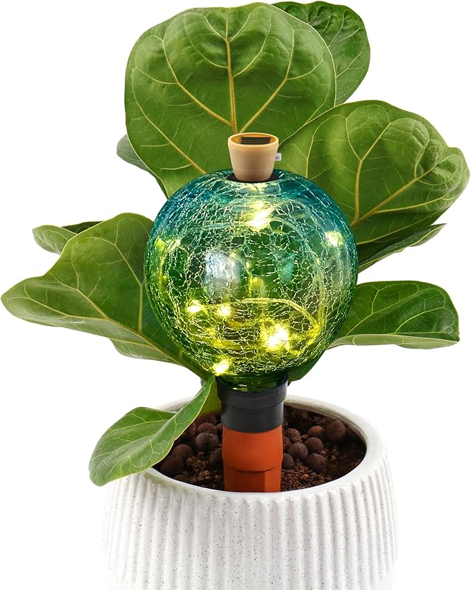 VOREEN Crackle Glass Plant Watering Globe with Terracotta Spike,Self-Watering Irrigation for Potted Plants, with Solar Accent Light for Indoor & Outdoor Décor, 17oz, Blue–Green Gradient