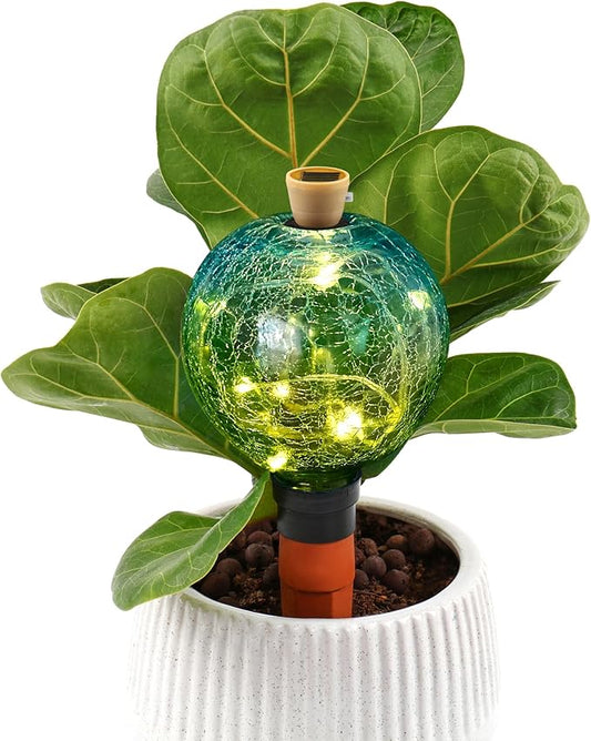 VOREEN Crackle Glass Plant Watering Globe with Terracotta Spike,Self-Watering Irrigation for Potted Plants, with Solar Accent Light for Indoor & Outdoor Décor, 17oz, Blue–Green Gradient