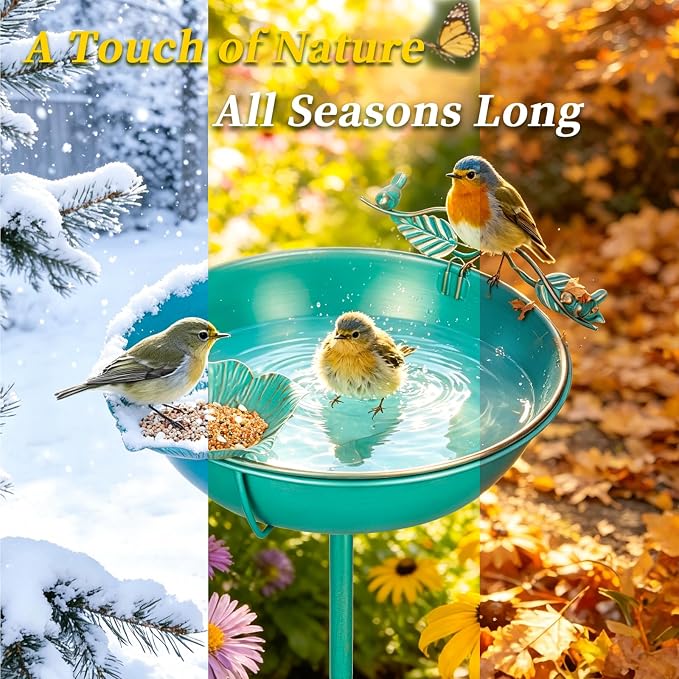 Mellbree Metal Bird Bath for Outside, 13" Dia 39" H Lake Blue with Gold Gilding, Freestanding with Perch & Feeder Bowl, Multi-Functional for Garden Patio Yard Lawn Outdoor Decor