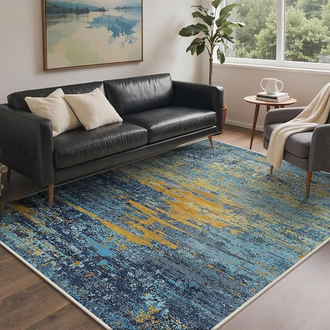 BEIMO 5FT Washable Round Rug for Living Room, Wave Abstract Blue Orange | 5' Soft Machine Washable Modern Circle Rug,Streaks Pattern Non Slip Indoor Carpet for Dining Room Playroom Bedroom Office