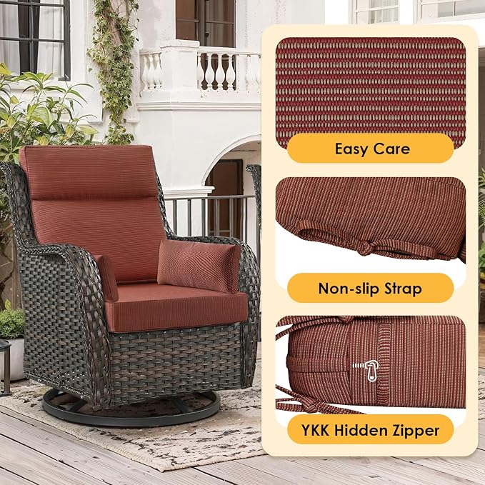 Outdoor High Back Chair Cushion, 2 Pack 48 x 24 inches Patio Chair Cushions Water Repellent Rocking Cushions Indoor Furniture Seat Pad with 2 Pillows, Dark Yellow Tan Stripe