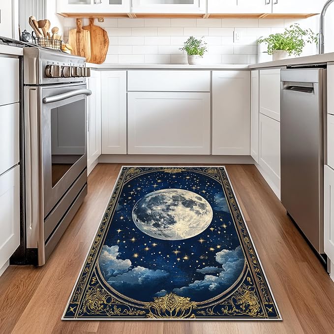 Boho Area Rug for Living Room Vintage Full Moon 3x5 Entryway Rug Modern Celestial Stars Rugs Non Slip Low Pile Machine Washable Blue Golden Floor Carpet for Indoor Bedroom Dining Room Kitchen