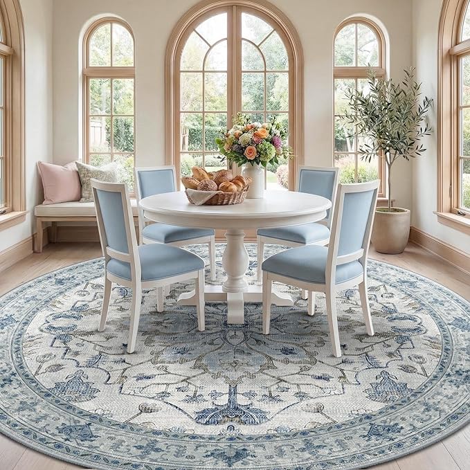 RELEANY Washable Area Rug, Round 10ft, Blue/White/Gray | Non-Slip, Water Repellent, Pet Friendly, Easy to Clean, Vintage Floral Boho Decor for Living Room Bedroom Dining Room