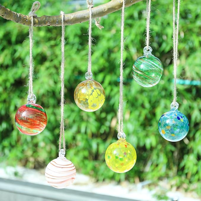 VCUTEKA Hanging Garden Gazing Balls, Glass Witch Ball for Outdoor Decor, 3" | 6pcs Hanging Gazing Balls, Hand-Blown Witch Ball Ornament Colorful Swirl Garden Globe for Outdoor Garden Lawn Yard Decorative