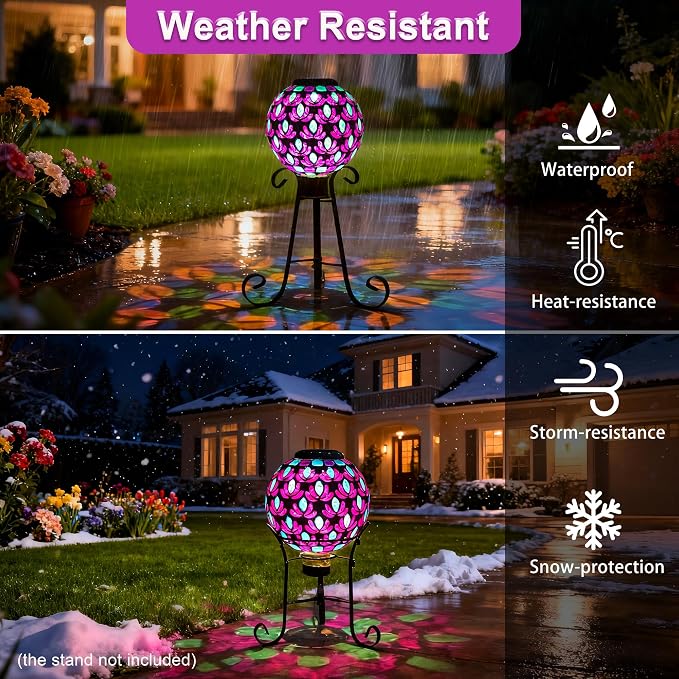 SAVENNA Mosaic Solar Gazing Ball 8 Inch,Glass Garden Globe with Auto On/Off for Yard, Lawn & Outdoor Decor,Purple Blue