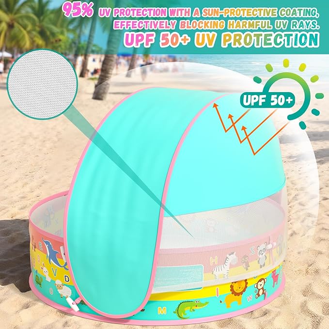 Baby Pool with Canopy, Foldable Kiddie Pool, Pop Up Toddler Pool with Shade-Collapsible Beach Pool for Baby, Portable Summer Water Play for Indoor Outdoor Backyard Beach