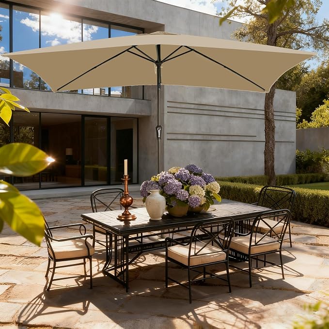 6.5x10FT Rectangular Patio Umbrella with Push Button Tilt & Crank Lift for Garden,UV Protection Outdoor Umbrella for Deck,Pool and Yard,White