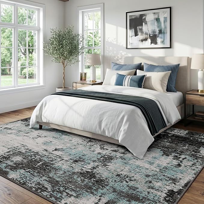 RELEANY Washable 10'x14' Abstract Area Rug for Living Room Teal Black | Carpet for Bedroom, Kitchen, Office, Hallway and Entryway, Printed Pattern, Non‑Slip, Soft, Stain‑Resistant, Easy to Clean