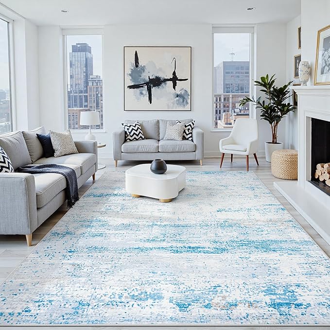 5x7 Washable Area Rug for Living Room Bedroom: Non-Slip Modern Light Blue | Machine Washable TPR Backing, Stain-Resistant Low Pile, Pet & Kid Friendly, Abstract Decor for Dining Room, Dorm, Home Office