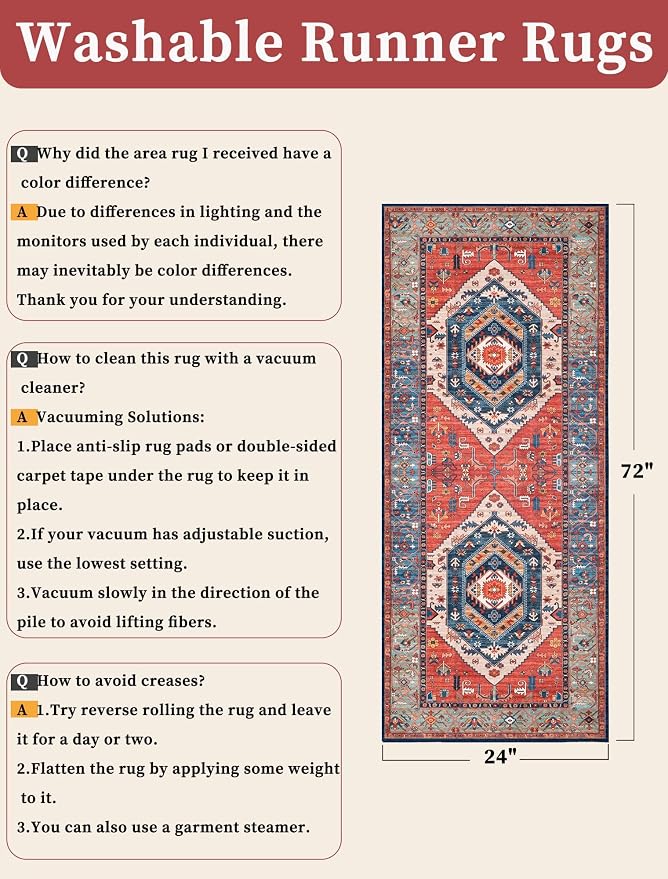 SERISSA 2x6 Washable Non Slip Boho Runner Rug for Hallway，Rust | Ultra Soft Vintage Oriental Carpet Low-Pile Distressed Tribal Floor Carpet Runner for Bedroom Bathroom Laundry Living Room