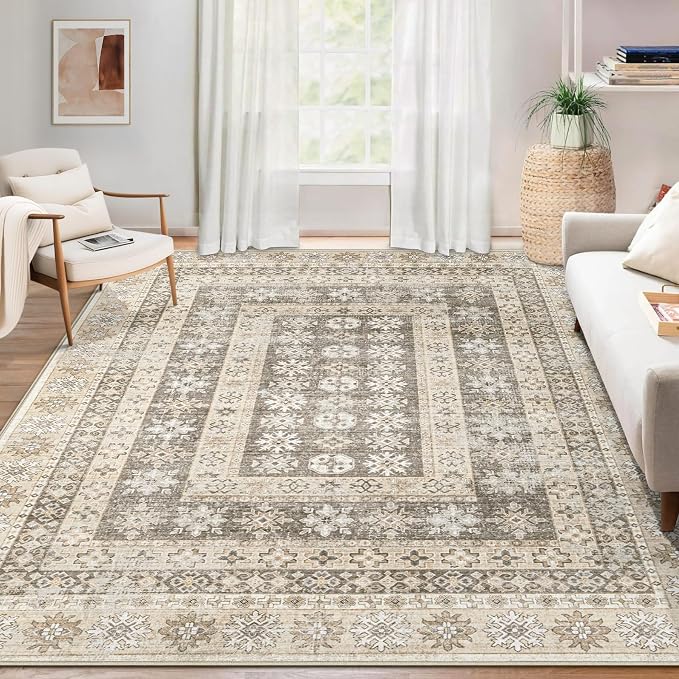 Area Rug for Living Room 9x12: Large Washable Boho Moroccan Rugs Geometric Floral Rug, Non-Slip Foldable Morden Farmhouse Indoor Floor Carpet for Bedroom Dining Table Home(FloralBrown, 9'x12')