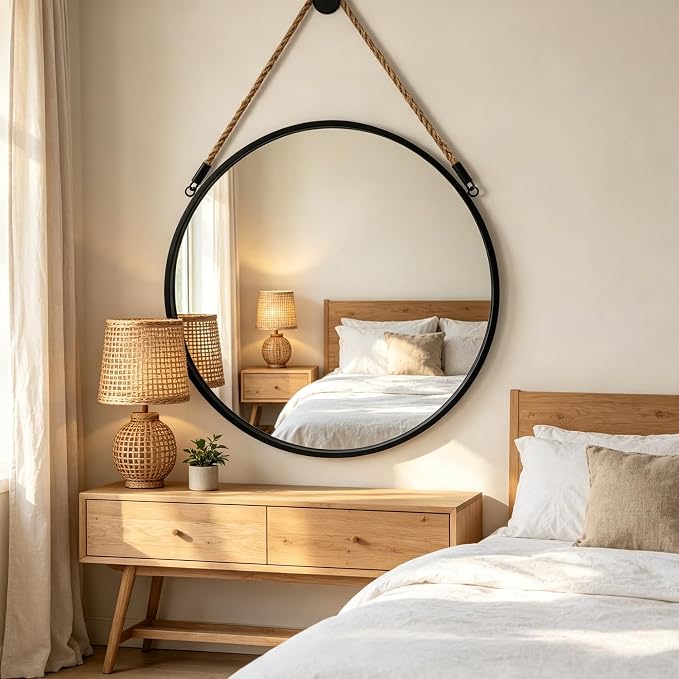 POZINO 30 Inch Large Round Hanging Mirror with Black Metal Frame | Circle HD Mirror with Jute Rope, Anti-Rust, Farmhouse Decorative Wall Mirror for Entryway, Living Room, Fireplace, Bathroom