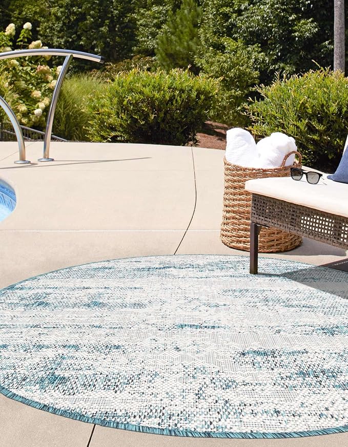 Unique Loom Outdoor Modern Collection Area Rug - Cartago (10' Round, Teal/ Ivory)