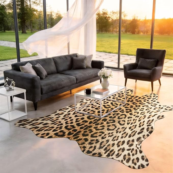 BENRON Leopard Rug, Animal Print Rug for Living Room Bedroom 4.6x5.2ft | Western Faux Cheetah Print Rug, Animal Skin Carpets, Non-Slip Throw Rug for Home Decor, Black and Brown