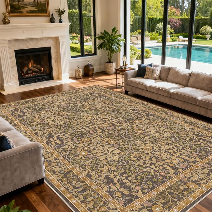 Area Rug for Living Room, 10x12 Large Washable Rugs for Dining Room, Bedroom, Non Slip Stain Resistant Carpet, Low Pile Vintage Floral Rug (Goldenrod)