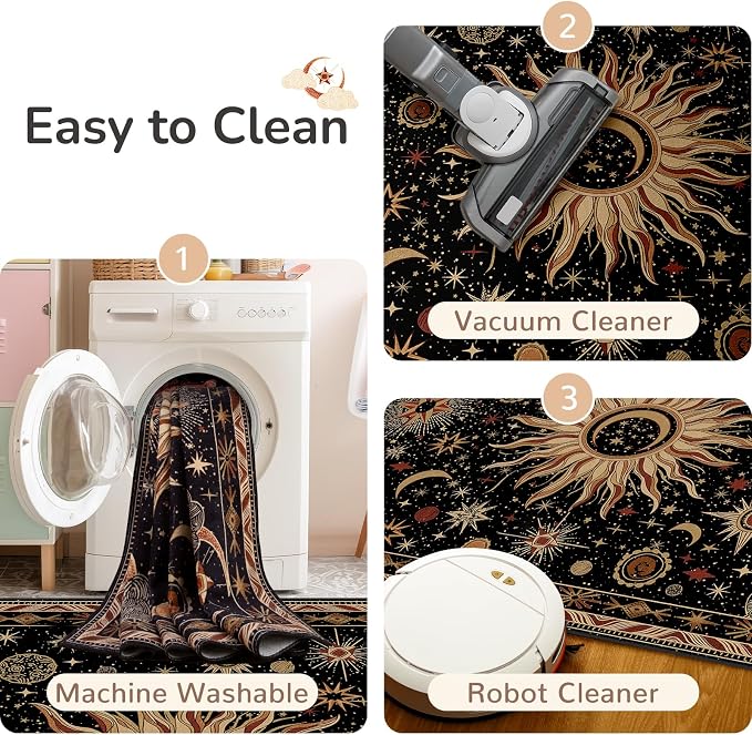 Vacuum-Friendly, Round 4ft Washable Area Rug, Black Gold Beige Red | Sun and Moon Boho Gothic Non-Slip Low Pile Living Roon Bedroom Dining Room Kitchen Entry Entryway Entrance Hallway Doormat