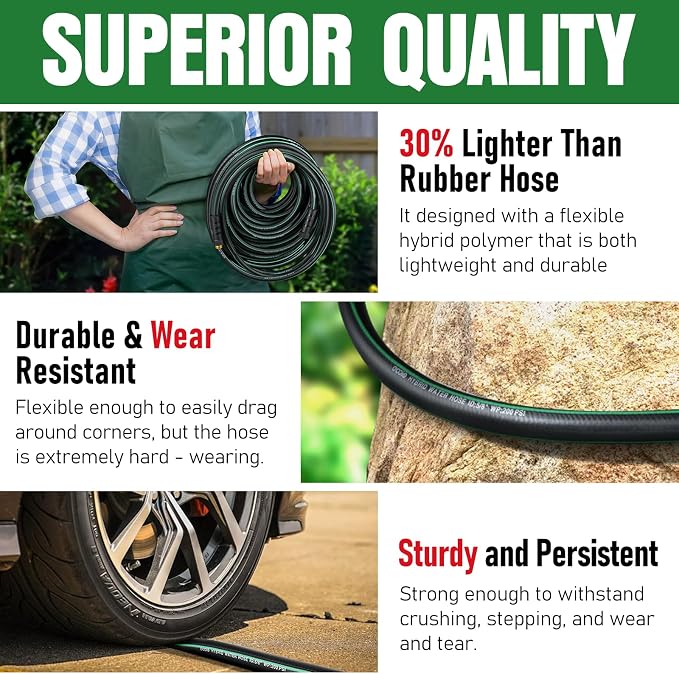 Heavy Duty Garden Hose 100ft, NON-EXPANDABLE Flexible Water Hose, Kink Resistant Lightweight Hybrid Hose, Leakproof Hose Male to Female Fittings