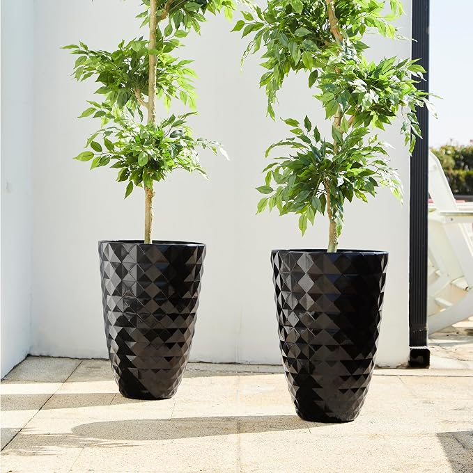 Glitzhome 19.75" H Oversized Tall Planter, Modern Set of 2 Round Tall Black Planters with Drainage Holes, Garden Plant Pots Flower Container for Indoor Outdoor, Front Door, Patio and Deck