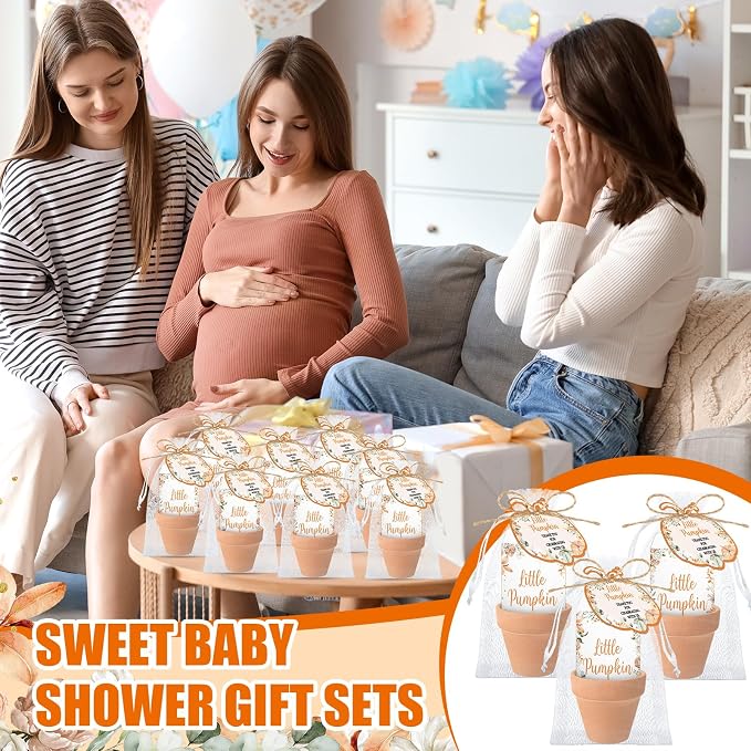 Reallnaive Little Pumpkin Baby Shower Party Decorations Set Include 24 Mini Terracotta Pots Seed Packets 24 Self Adhesive Envelopes Pumpkin Shape Tags Gifts for Fall Autumn Thanksgiving Baby Shower