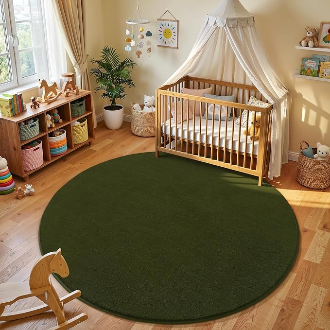Amearea Olive Green Round Area Rugs 5ft Circle Rugs for Bedroom Living Room | Washable Fluffy Indoor Thickened Memory Foam Rug, Non Slip Minimalist Circular Carpet for Kids Boy Girl Dorm Nursery Room