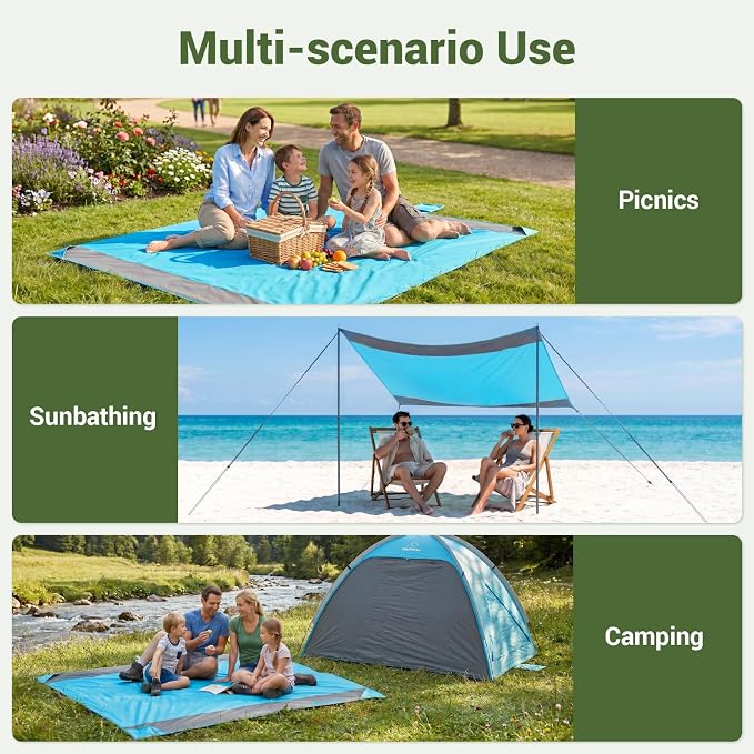 Wolfwise 108" × 120" XXL Beach Blanket, Waterproof & Sandproof Picnic Mat with 4 Sand Pockets & 4 Stakes, Windproof Outdoor Camping Beach Mat, Lightweight, Fits 8 People, Blue