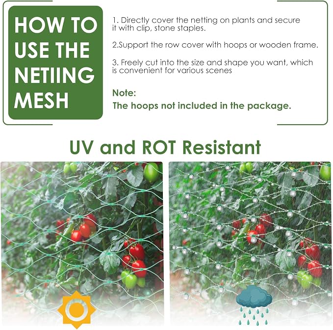 13X65Ft Bird Netting for Garden Protect Vegetable Plants and Fruit Trees,Plastic Trellis Netting for Birds, Deer,Squirrels and Other Animals