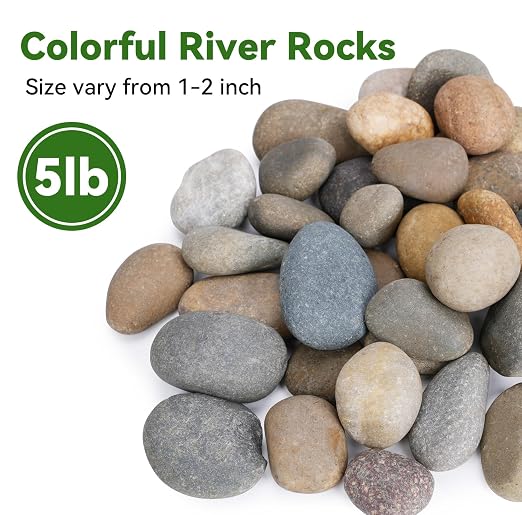 Pulovin 5 lbs River Rocks for Landscaping, 1"-2" Decorative Garden Stones for Plants, Flower Pots, Vase, Walkways, Yard, Natural Rocks for Aquarium, Fish Tank