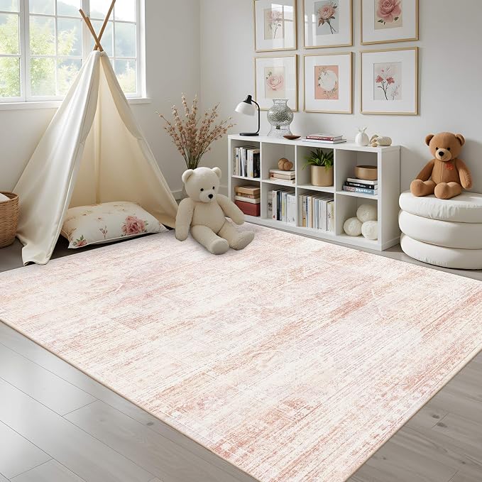 Latte&Fog Pink Rugs for Girls Bedroom Washable Cute Floral 6x9 Area Rug | for Dining Kitchen Kids Nursery Playroom Guest Room Classroom Dorm Farmhouse Office, Non Slip Low Pile Soft Floral Carpets