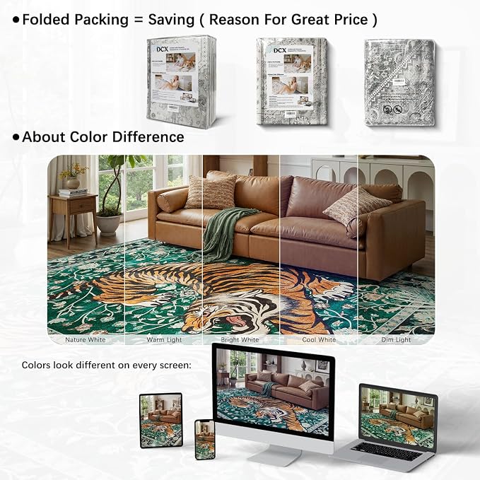 DCX Washable 5x7 Tiger Area Rug, Green Vintage Animal Rug for Living Room, Soft Low Pile Carpet, Kid & Pet Friendly with Rubber Back Non Slip, Tiger Rug for Bedroom Dining Room Office
