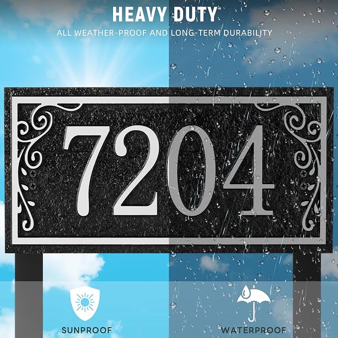 Lawn Address Sign Plaque - Personalized House Number Plaque Sign,Address Numbers for House Large Option Stakes Included (Black/Silver)