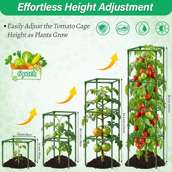 6 Pack Square Tomato Cages for Garden, 60 Inch Adjustable Tomato Stakes, Metal Tomato Trellis, Garden Plant Support for Potted Climbing Plants, Vegetables Flowers Fruits, Raised Garden Bed