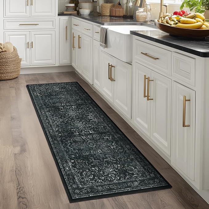 Dark Black 2x6 Runner Rugs for Hallway Entryway, Kitchen Runners Washable Non Slip Low Pile, Vintage Distressed Medallion Printed Rugs for Mudroom/Bedroom Bedside/Laundry Room/Bathroom