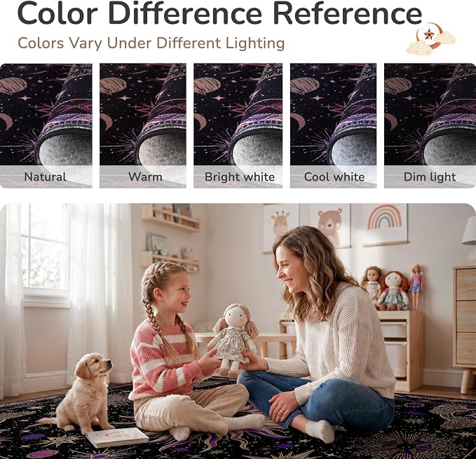 Vacuum-Friendly, 2x8 Washable Area Rug, Black Purple Beige | Sun and Moon Boho Gothic Non-Slip Low Pile Living Roon Bedroom Dining Room Kitchen Entry Entryway Entrance Hallway Doormat