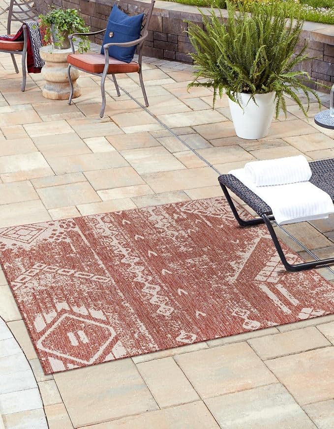Unique Loom Outdoor Bohemian Collection Area Rug - Anthro (13' Square, Rust Red/ Ivory)