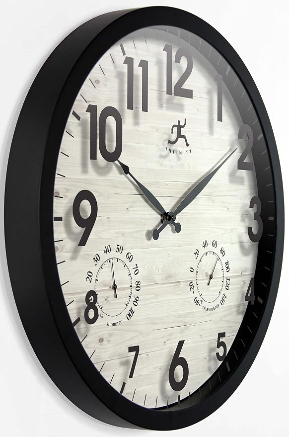 Concordia 17.5-Inch Indoor/Outdoor Waterproof Wall Clock with Built-in Hygrometer & Thermometer. Light Wood Clock Face with Black Frame, Silent Battery Operated, Round Clock Wall Decor for Patio/Home
