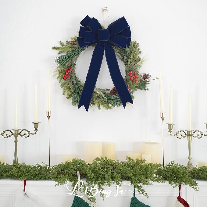 13" Navy Blue Velvet Christmas Tree Topper Bow, Premade for Wreaths, Gift Bows, Home Decor