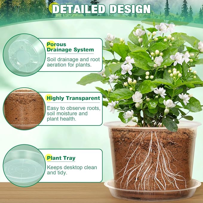 RAOOKIF 10 Inch Nursery Pots with Saucers, 4 Pack Large Size Clear Nursery Pots with Drainage Hole for Indoor Outdoor Plants, Plastic Clear Pots for Plants for Flowers, Succulents, Vegetable