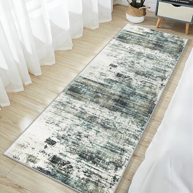 2'6''x8' Runner Rugs Washable Rug:Modern Abstract Hallway Teal Green Carpet | Non-slip TPE backing makes this washable soft low-pile rug safe & durable, Pet-friendly decor for dining room,nursery,office