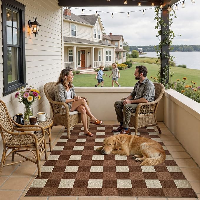 UERMEI 5x7 Outdoor Jute Area Rug Patio Neutral Washable Brown | Easy Non Slip Pet Friendly Indoor Farmhouse Carpet for Living Room Bedroom Dining Backyard