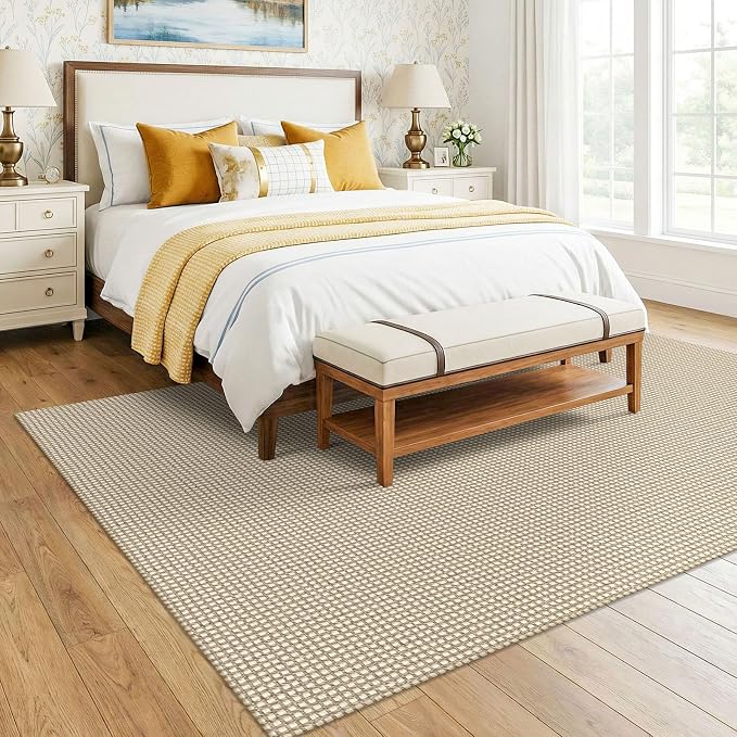 KOZYFLY 6x9 Dining Room Rugs, Washable Area Rug for Living Room, Non Slip Rugs for Bedroom, Braided Floor Carpet for Nursery, Office, Cotton Rug Home Indoor Decor, Ivory/Camel/Brown