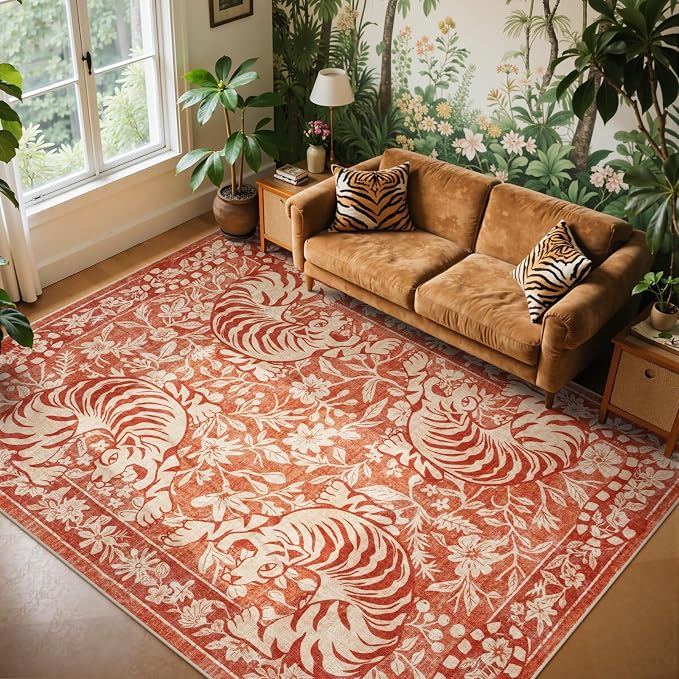 LIVEBOX Washable Tiger Rug 8x10, Non-Slip Terracotta Rug for Living Room, Vintage Jungle Animal Floor Carpet Cool Terracotta Retro Area Rugs for Bedroom Dining Room Nursery Office Dorm