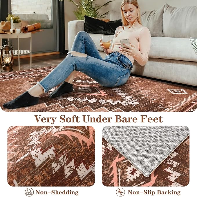Yinhua Western 2x3 Rug Non-Slip, Aztec Entryway Area Rug Washable | Moroccan Lightweight Door Rugs Low-Pile, Brown Small Rugs with Rubber Backing for Porch Kitchen Bedside