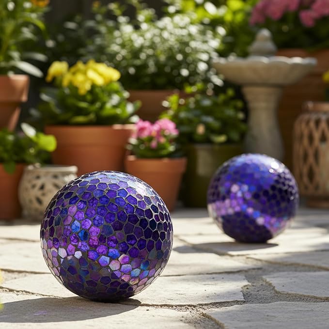 Sunnydaze 10" Mosaic Glass Gazing Ball for Garden, Globe for Outdoor Decor | Iridescent Purple, Decorative Sphere Fits Most Stands, Garden Ball for Outside, Flower Bed, Backyard, or Indoor Display
