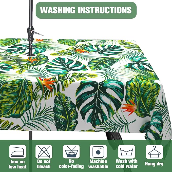 Green Leaves Outdoor Tablecloth with Umbrella Hole 60" x 120" Waterproof Zipper Table Cloth for Patio Table - Ideal Tablecloths for Picnics, Camping, and Yard Use